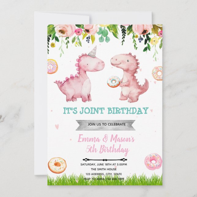 invitación de niña de Donuts y Dinosaurios (Anverso)