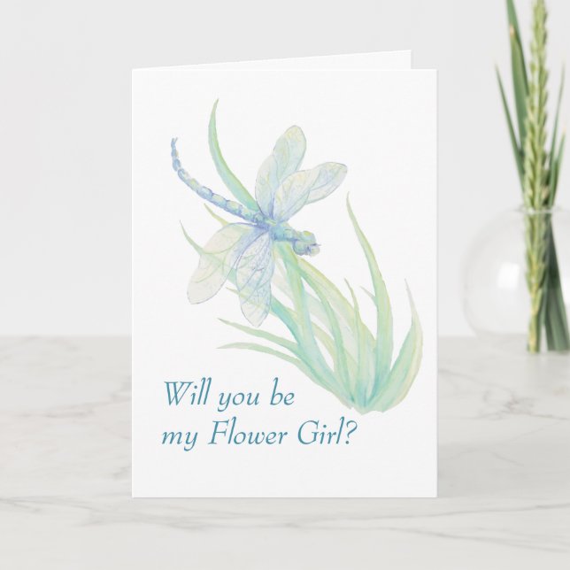 Invitación de niña de flores con libélula azul y v (Anverso)