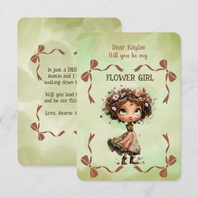 Invitación de niña de flores floral verde acuarela (Anverso / Reverso)