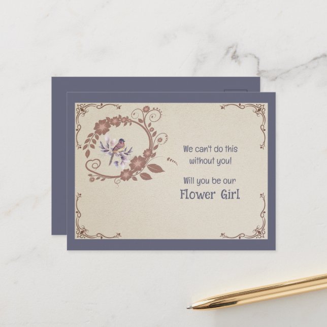 Invitación de niña de flores floral y pájaro marró (Anverso/Reverso In Situ)