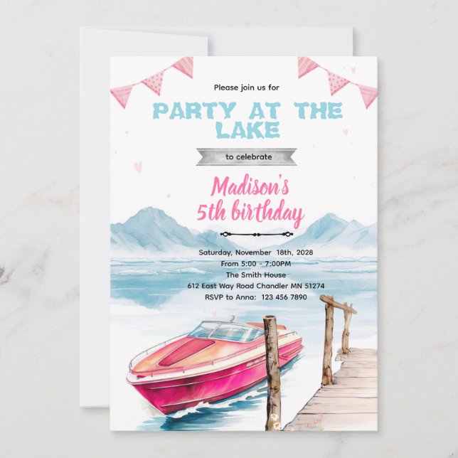 invitación de niña de lancha rápida del lago (Anverso)