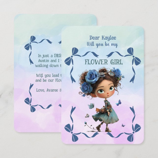 Invitación de niña de las flores floral azul acuar (Anverso / Reverso)