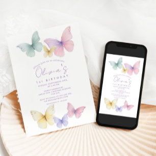 Invitación de niña de primer cumpleaños mariposa