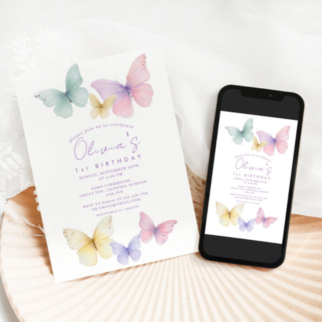 Invitación de niña de primer cumpleaños mariposa (Subido por el creador)