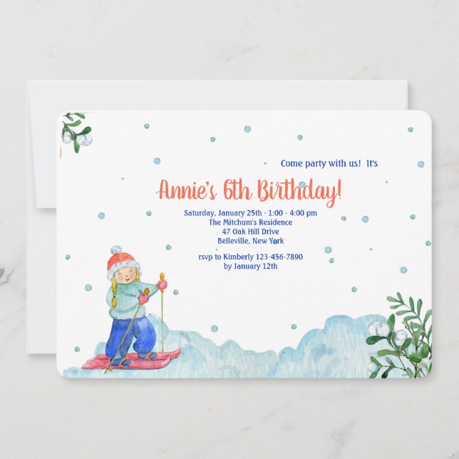 Invitación de niña haciendo deportes de invierno (Anverso)
