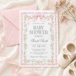 Invitación de niña para baby shower con lazo rosa