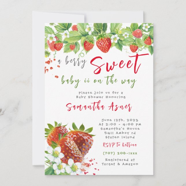 Invitación de niña para baby shower de fresa (Anverso)