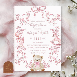 Invitación de niña para baby shower de toile rosa