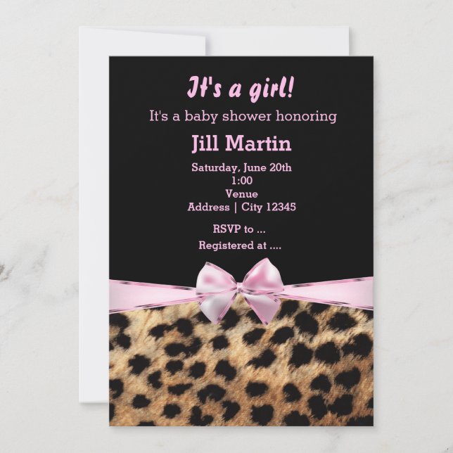 Invitación de niñas con lazo rosa negro de leopard (Anverso)