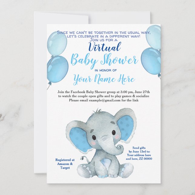 Invitación de niño bebé con máscara elefante virtu (Anverso)