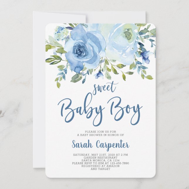 Invitación de niño con flores azules para la ducha (Anverso)