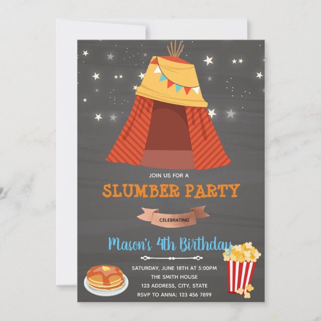 invitación de niño para pijamada en tipi (Anverso)