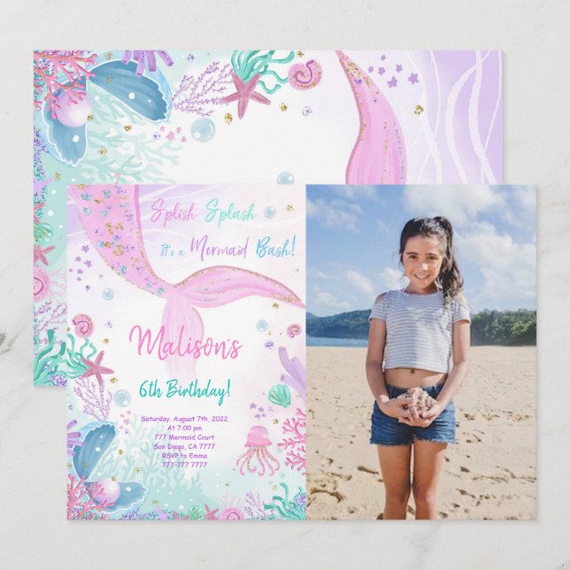 Invitación de niños de cumpleaños 6 a Sirena con f (Anverso / Reverso)
