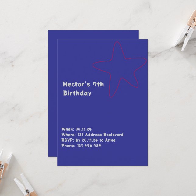 Invitación de niños estrella azul rojo (Anverso/Reverso In Situ)