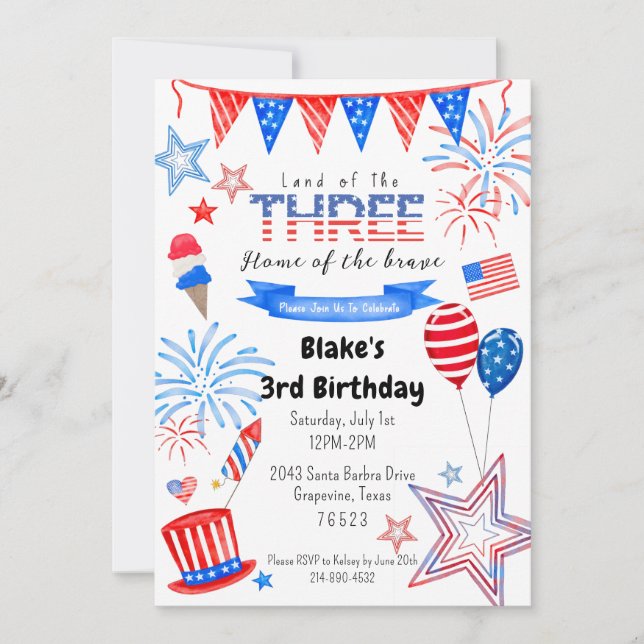 Invitación de niños patriotas de tercer cumpleaños (Anverso)
