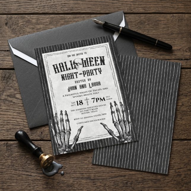 Invitación de Noche de Brujas de Esqueleto Gótico  (Vintage Gothic Skeleton Halloween Night Party Invi Invitation)