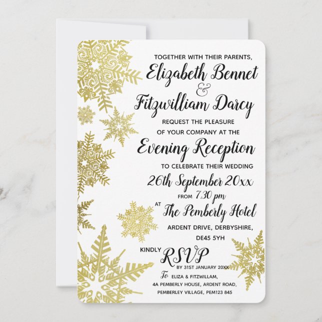 Invitación de Noche de Copos de Nieve Dorados (Reverso)