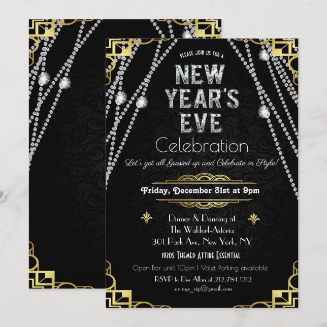 Invitación de Nochevieja Art Deco (Anverso / Reverso)