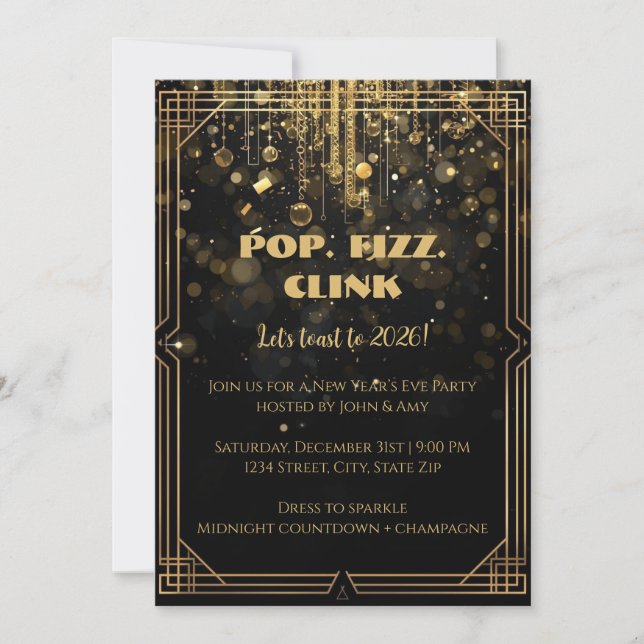Invitación de Nochevieja con Brillo Dorado Elegant (Anverso)