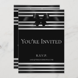Invitación de Nochevieja con lazo negro y rayas bl