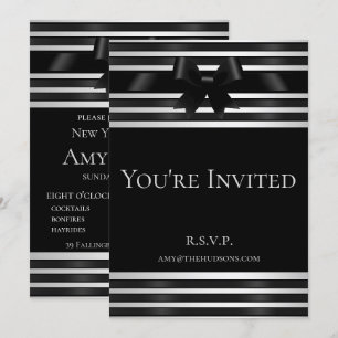 Invitación de Nochevieja con lazo negro y rayas bl