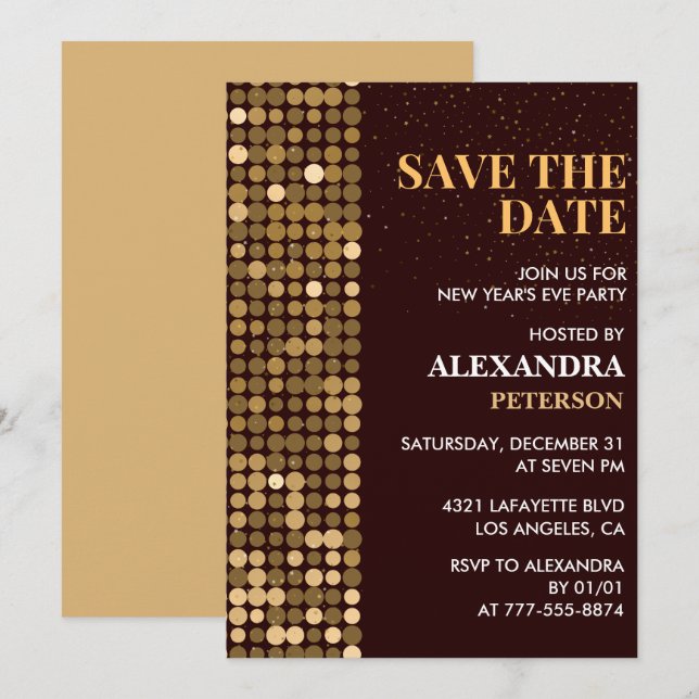 Invitación de Nochevieja Guarde la fecha Gold (Anverso / Reverso)