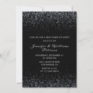 Invitación de Nochevieja negra con brillo plateado