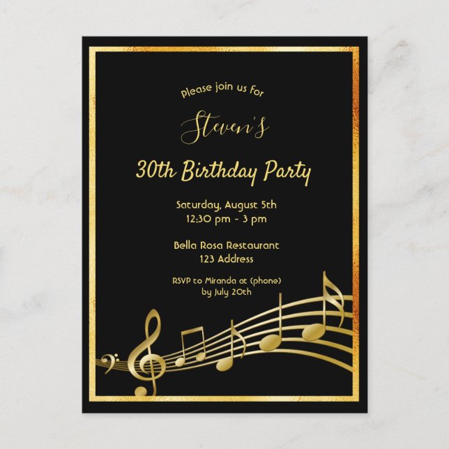 Invitación de notas de oro negro de 30 años (Anverso)