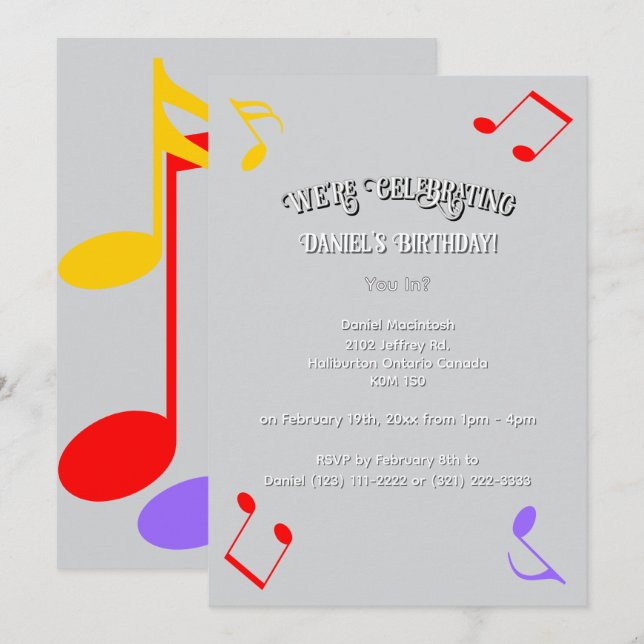 Invitación de notas musicales de cumpleaños (Anverso / Reverso)
