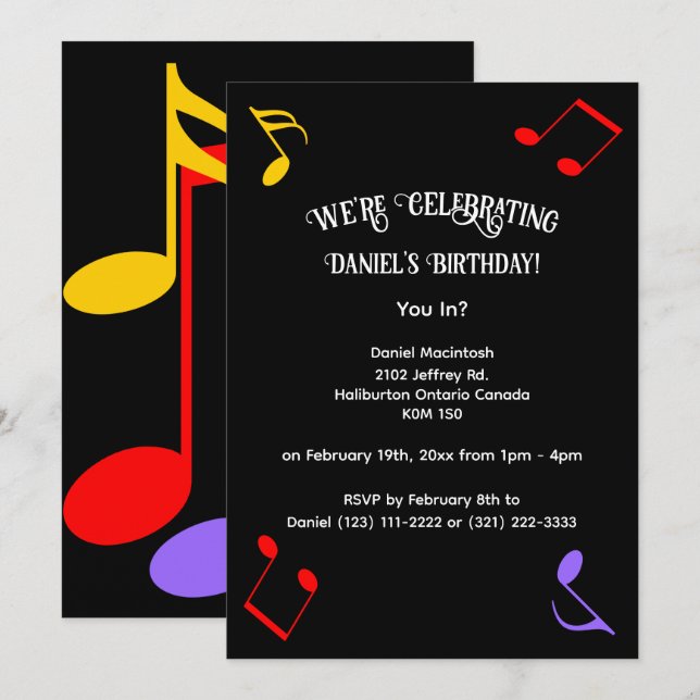 Invitación de notas musicales de cumpleaños (Anverso / Reverso)