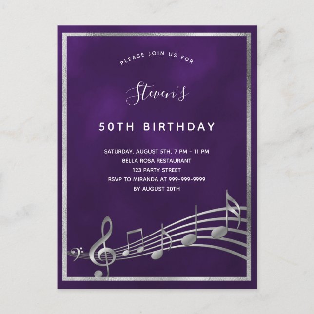 Invitación de notas musicales de cumpleaños morado (Anverso)