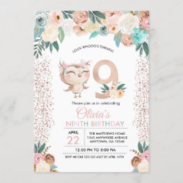 Invitación de Noveno Cumpleaños de Peachy Owl