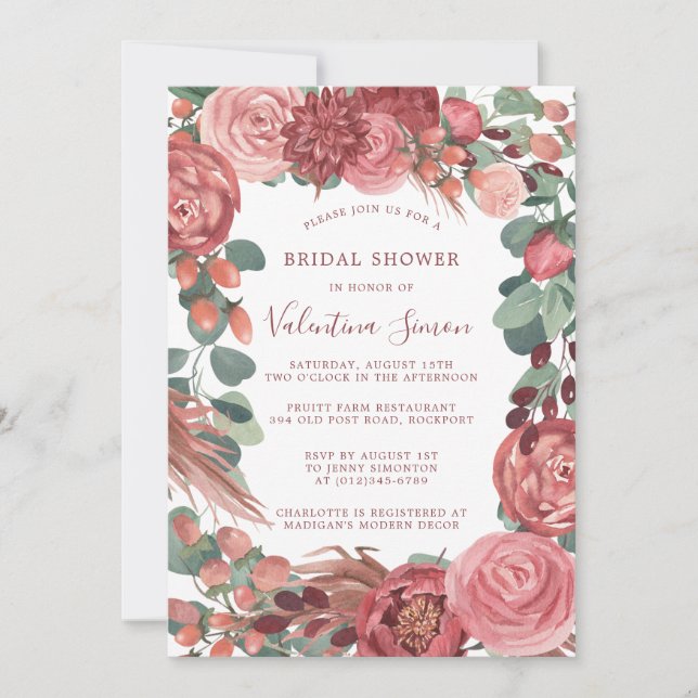 Invitación de novia floral del Rosa de peones rosa (Anverso)