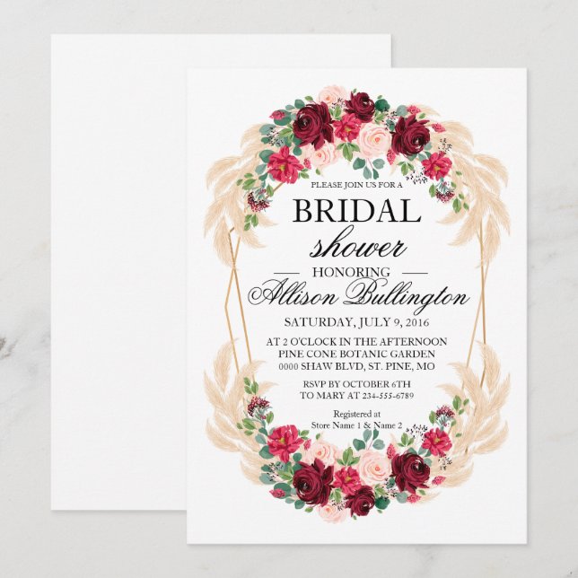 Invitación de novias marsala peony rosa pampas pas (Anverso / Reverso)