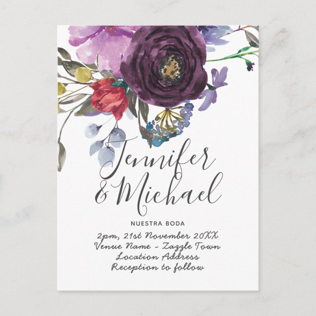 Invitación de Nuestra Boda - Flor púrpura acuarela (Anverso)