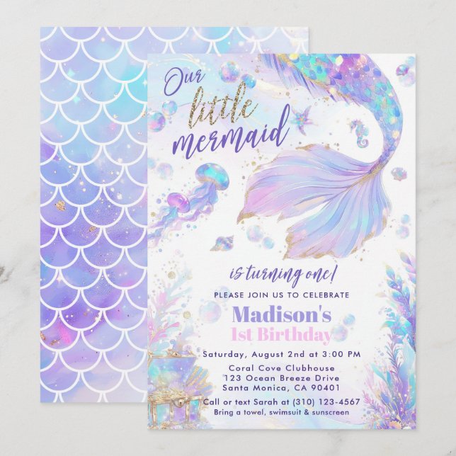 Invitación de nuestra Sirenita de primer cumpleaño (Anverso / Reverso)