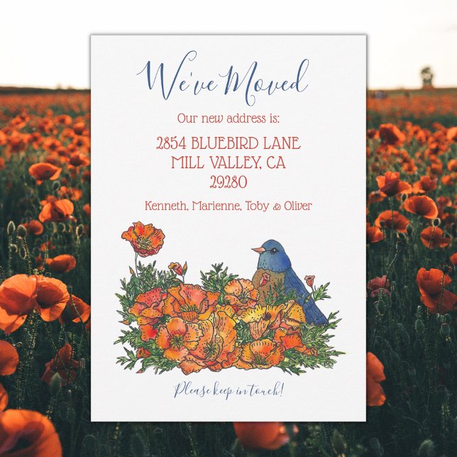 Invitación de nueva dirección de Bluebird (Bluebird moving new address announcement cards.)