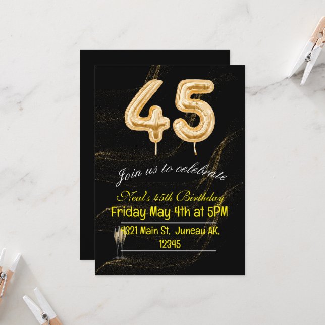 Invitación de números de globos negros y dorados p (Anverso/Reverso In Situ)