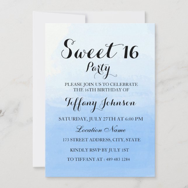Invitación de Ocean Sky Blue Ombre Pastel Sweet 16 (Anverso)