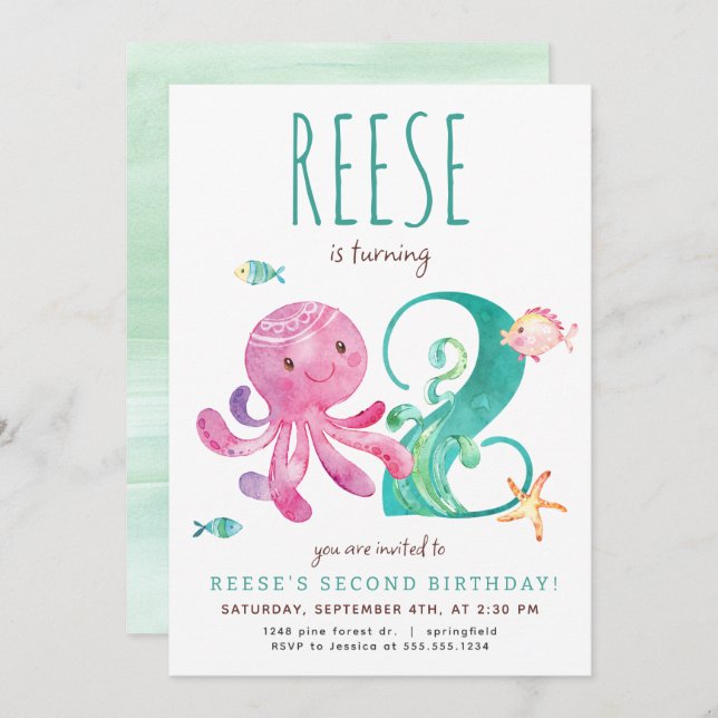 Invitación de Octopus para el segundo cumpleaños (Anverso / Reverso)