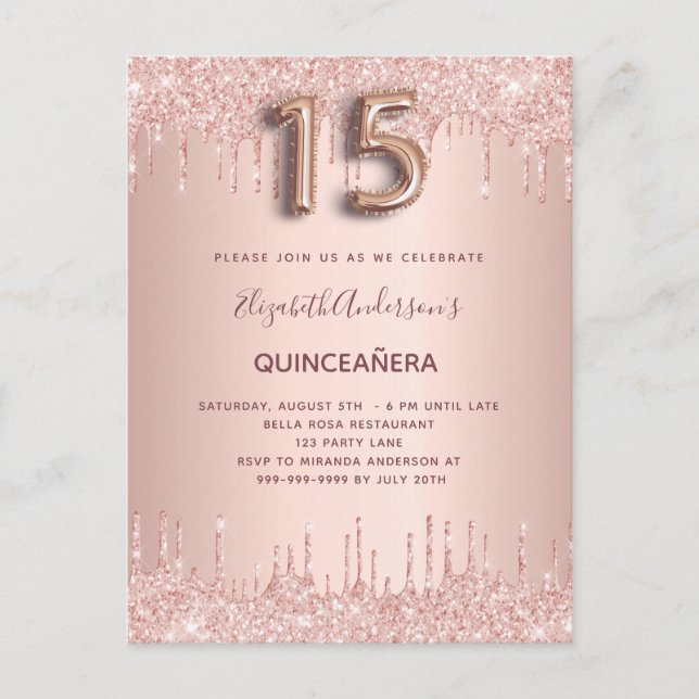 Invitación de ondulación de oro rosa Quinceanera (Anverso)