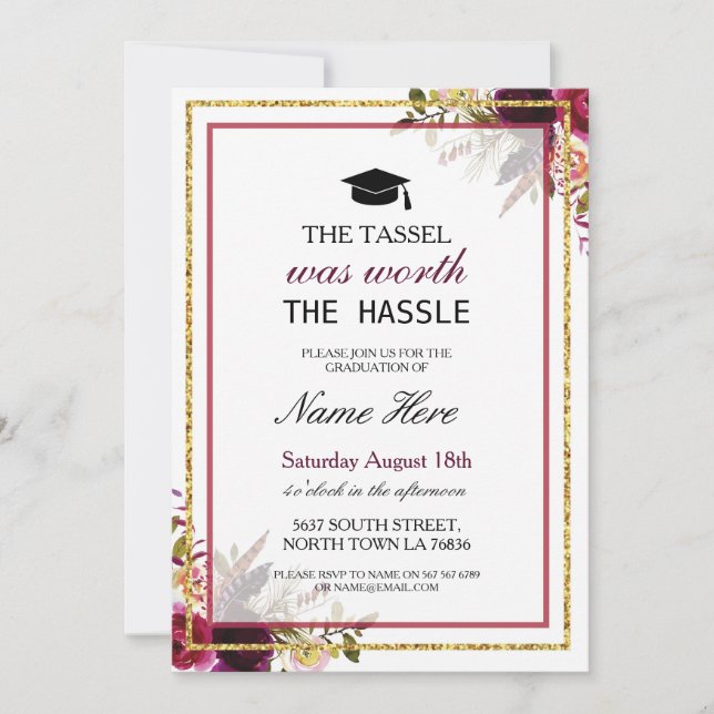 Invitación de oro a la flor de graduación Berry Ru (Anverso)