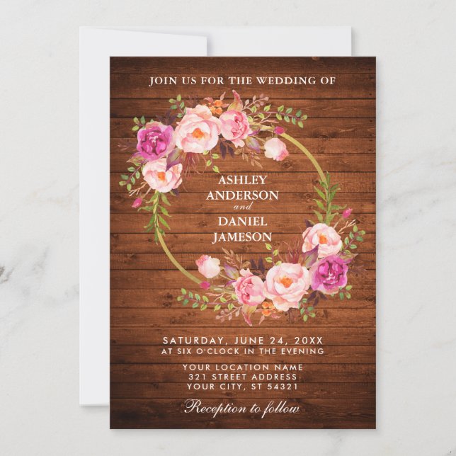 Invitación de oro a la guirnalda floral rosa de Bo (Anverso)