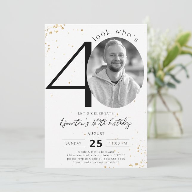 Invitación de oro a los 40 años con foto (Anverso de pie)