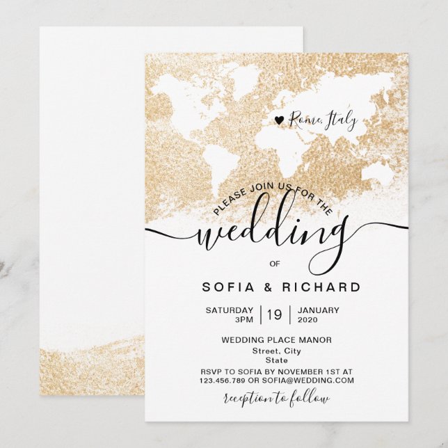 Invitación de oro al Mapa Mundial de Bodas de Dest (Anverso / Reverso)