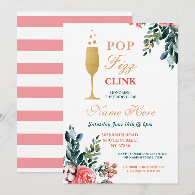 Invitación de oro al Pop Fizz Clink Bridal Shower  (Anverso / Reverso)