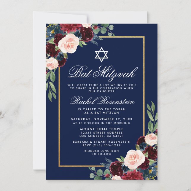 Invitación de oro azul de borgoña floral Mitzvah (Anverso)
