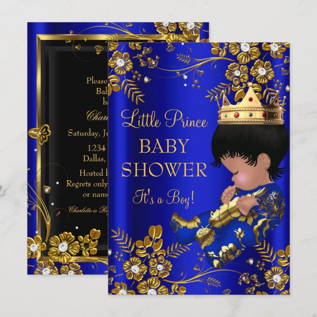 Invitación de oro azul de Prince Boy Baby Shower (Anverso / Reverso)