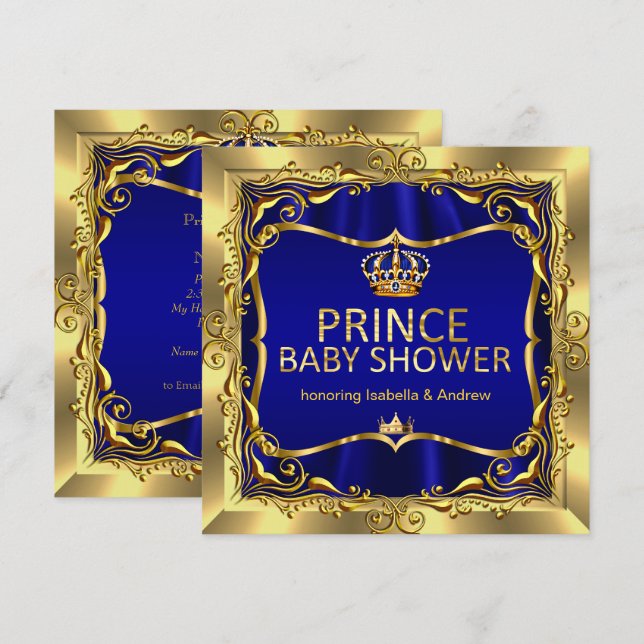 Invitación de oro azul del niño del príncipe real  (Anverso / Reverso)