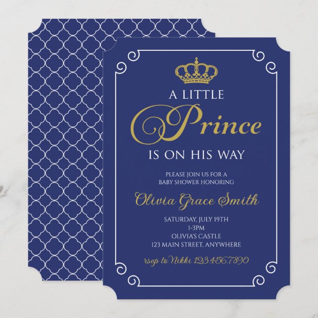 Invitación de oro azul del Principito Baby Shower  (Anverso / Reverso)